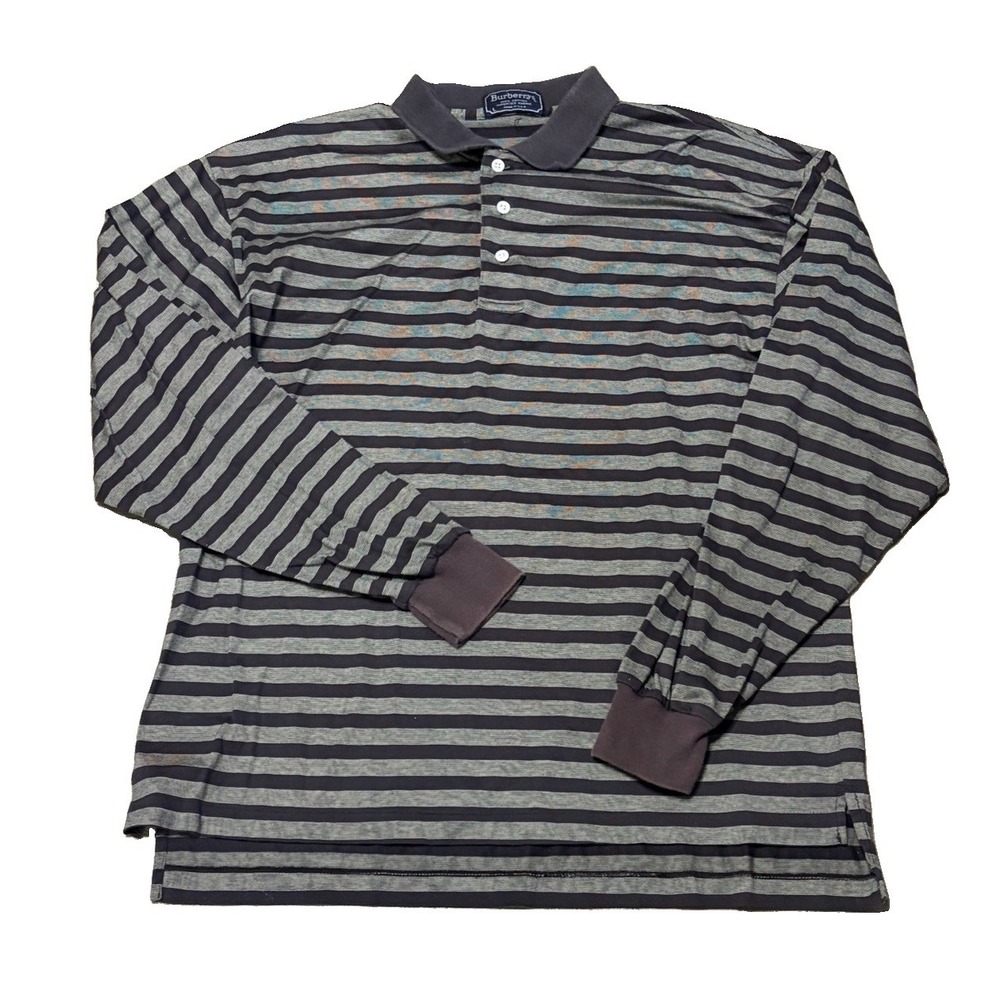 VTG 80s Burberrys Mens L Long Sleeve Striped Cotton Rugby Polo Brown Cuff Preppy